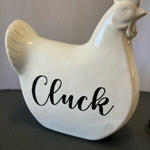 White Ceramic Chicken Figurine 'Cluck' Script Kitschy